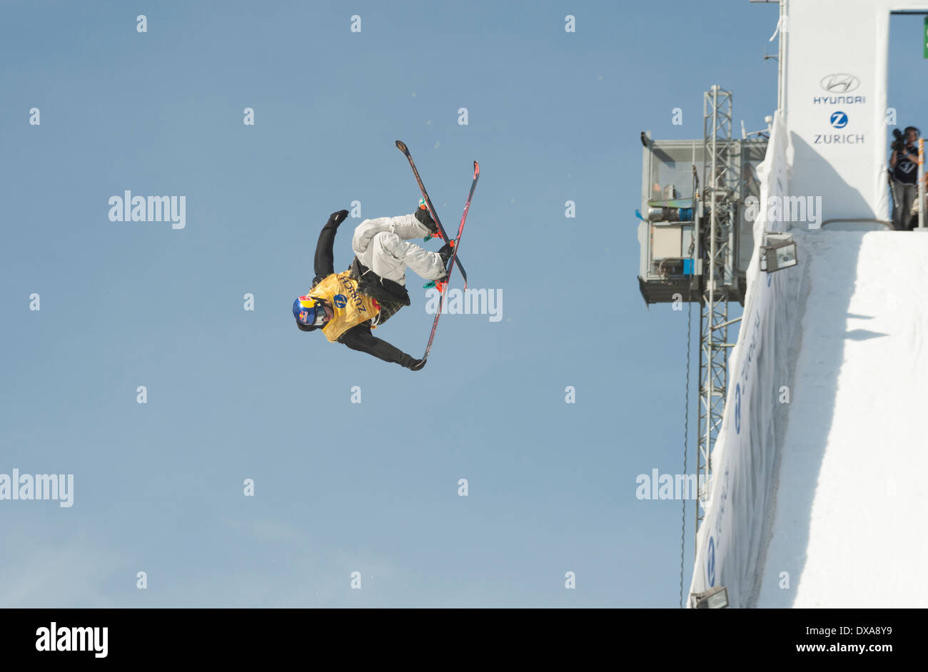 Freestyle skiing professionals show spectacular jumps and flips at the 2013 'freestyle.ch' contest in Zurich. Stock Photo