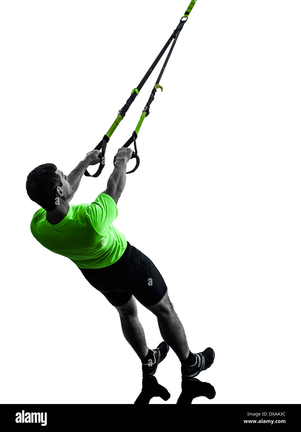 one man exercising suspension training trx on white background Stock
