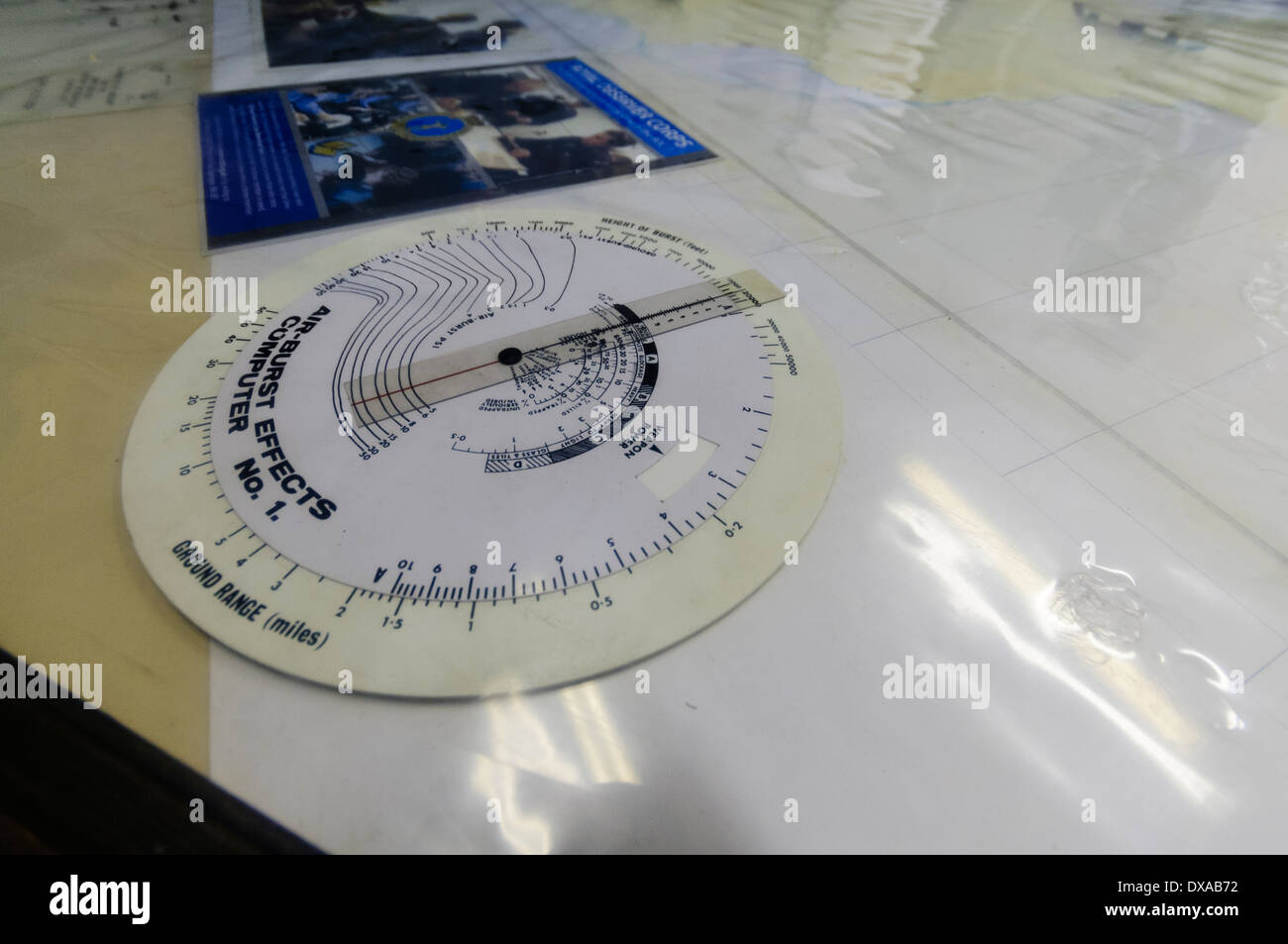 Nuclear bomb attack range calculator on a map in a cold war nuclear bunker Stock Photo