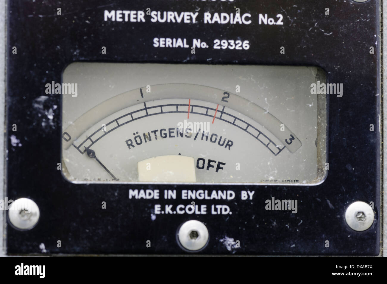 Closeup of the guage on a a Geiger Counter Stock Photo