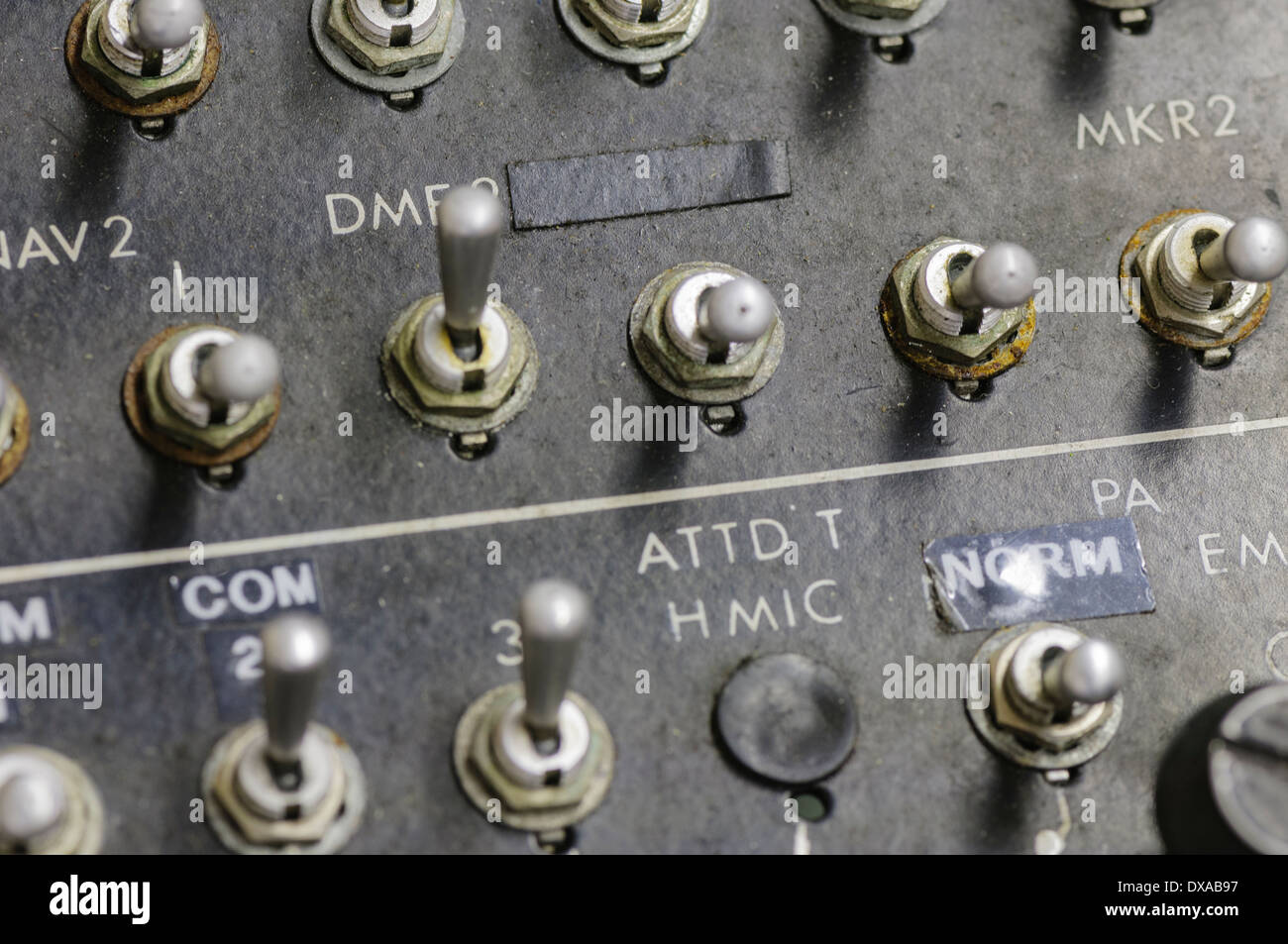 Communications control panel in an old airplane. Stock Photo