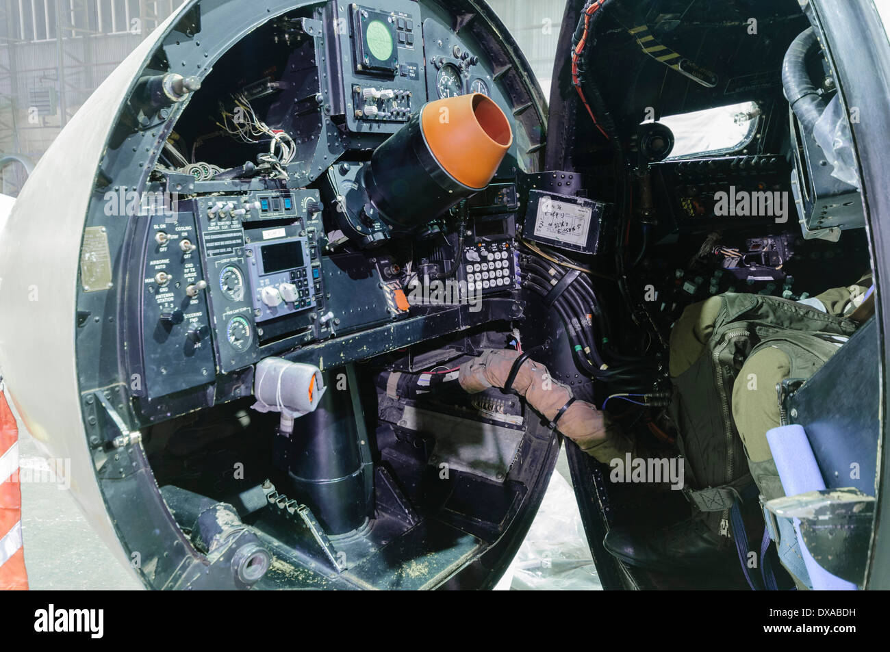 Controls inside the nose cone of a Canberra reconnaissance airplane, in which the camera operator sits. Stock Photo