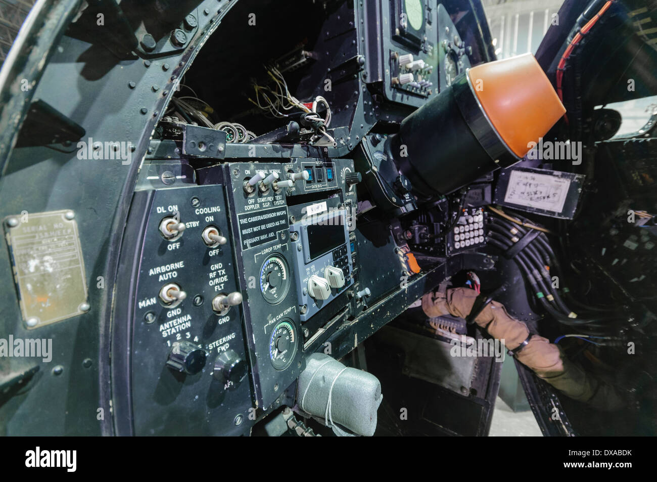 Controls inside the nose cone of a Canberra reconnaissance airplane, in which the camera operator sits. Stock Photo