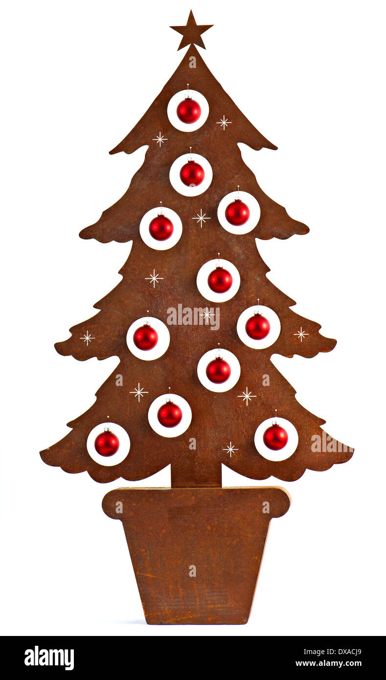 metal rust christmas tree decorated with red balls Stock Photo Alamy