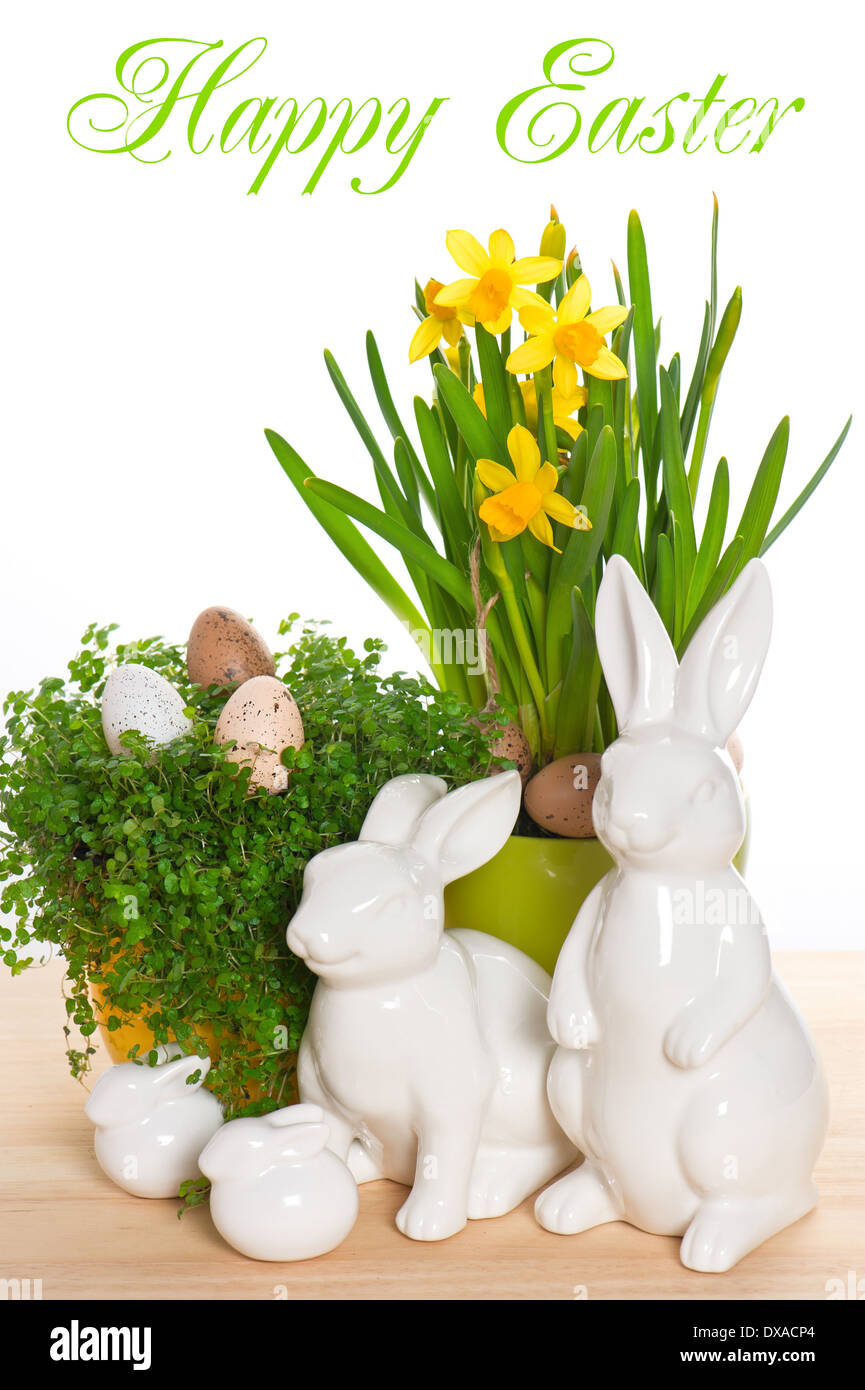 Happy Easter. card concept. easter decoration with eggs and bunny Stock Photo