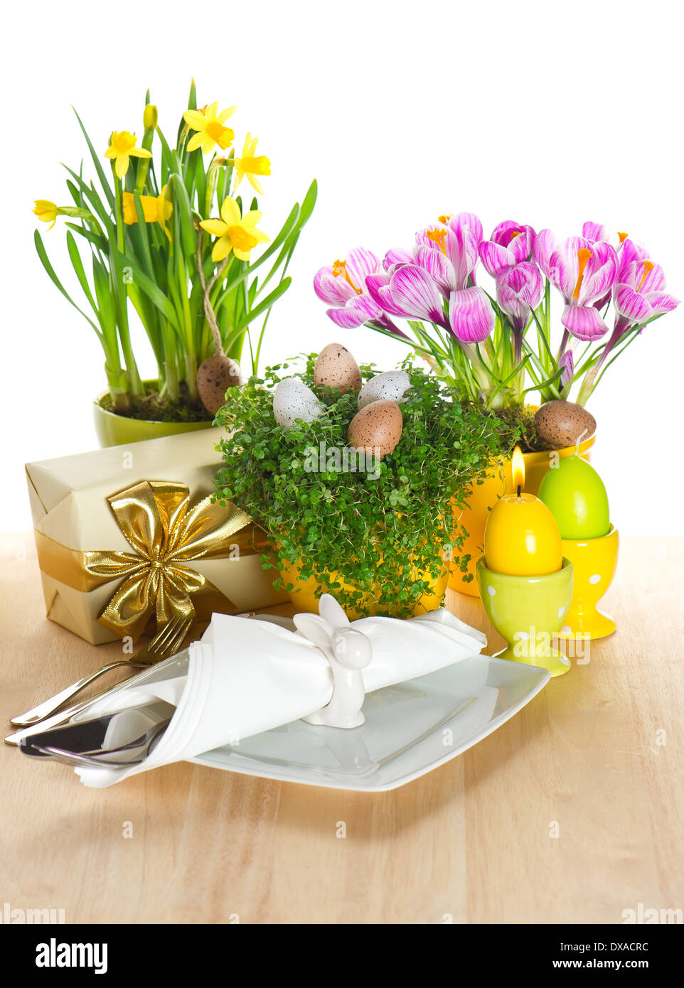 festive easter table setting with spring flowers and eggs decoration Stock Photo