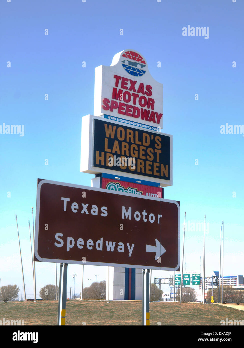 Big sign tells of the big screen for race fans to get a different angle on the events happening in front of them at TMS Stock Photo