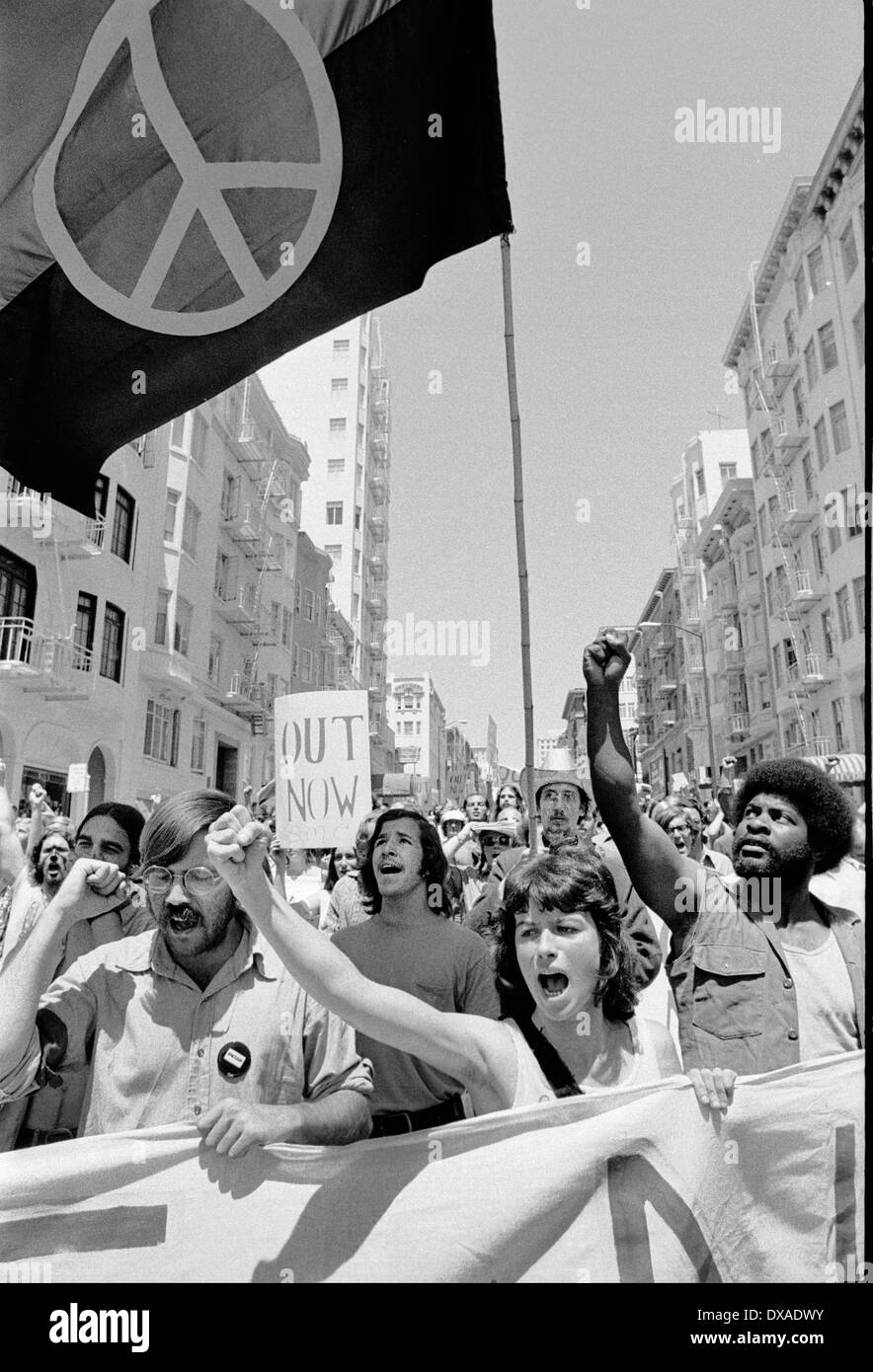 You march down the street in San Francisco, Calif., to protest the Vietnam War in 1972. Protests happened around America in 70's Stock Photo