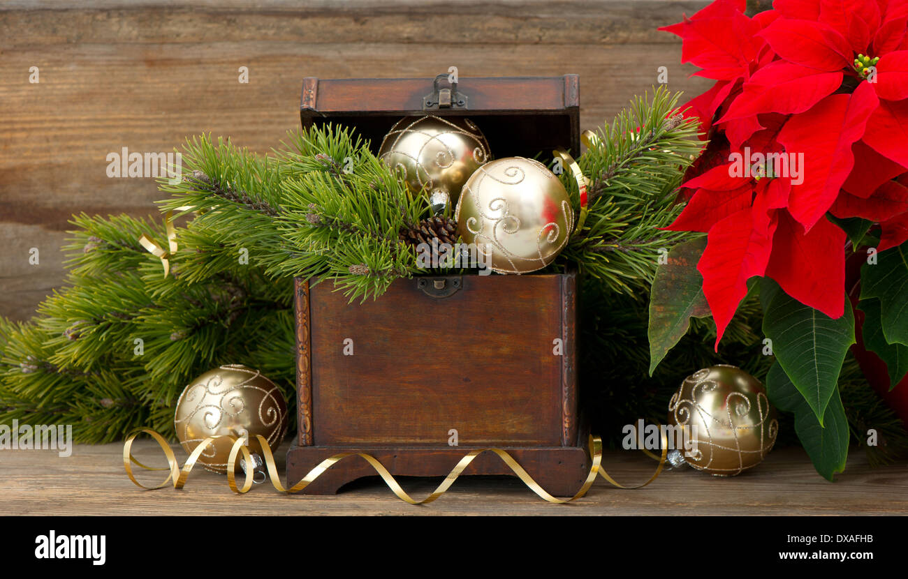 christmas tree brunch with golden decoration vintage wooden box and red christmas flower poinsettia - Wooden Box Christmas Decorations christmas tree brunch with golden decoration vintage wooden box and red christmas flower poinsettia - Wooden Box Christmas Decorations