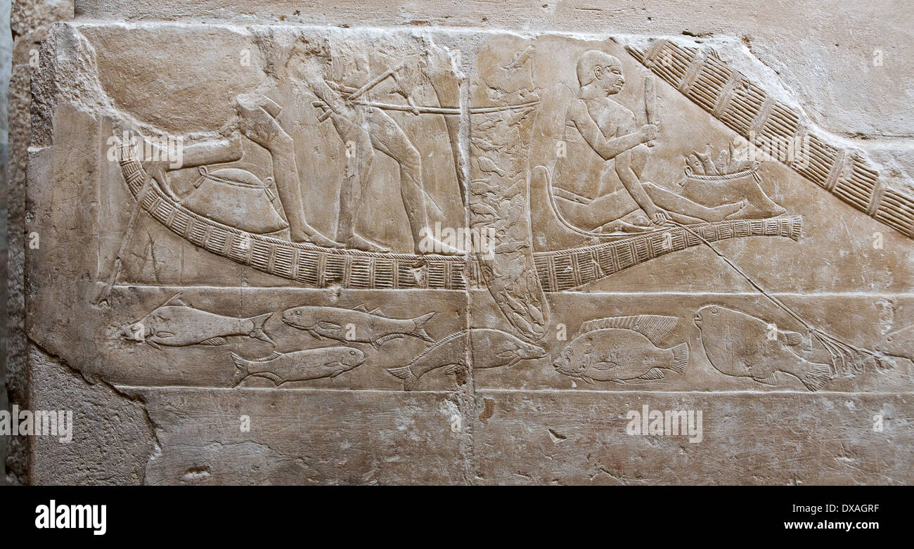 Mastaba of kagemni in Saqqara site:relief of fishermen Stock Photo