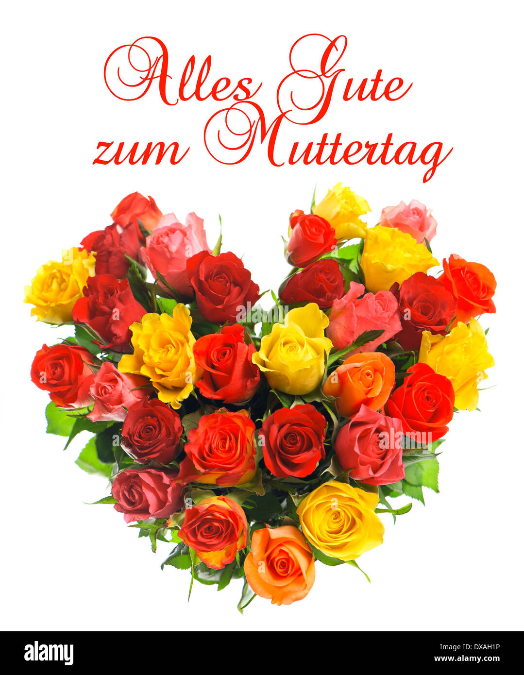 Muttertag. Mothersday. card concept with german text. bouquet of colorful assorted roses in heart shape Stock Photo