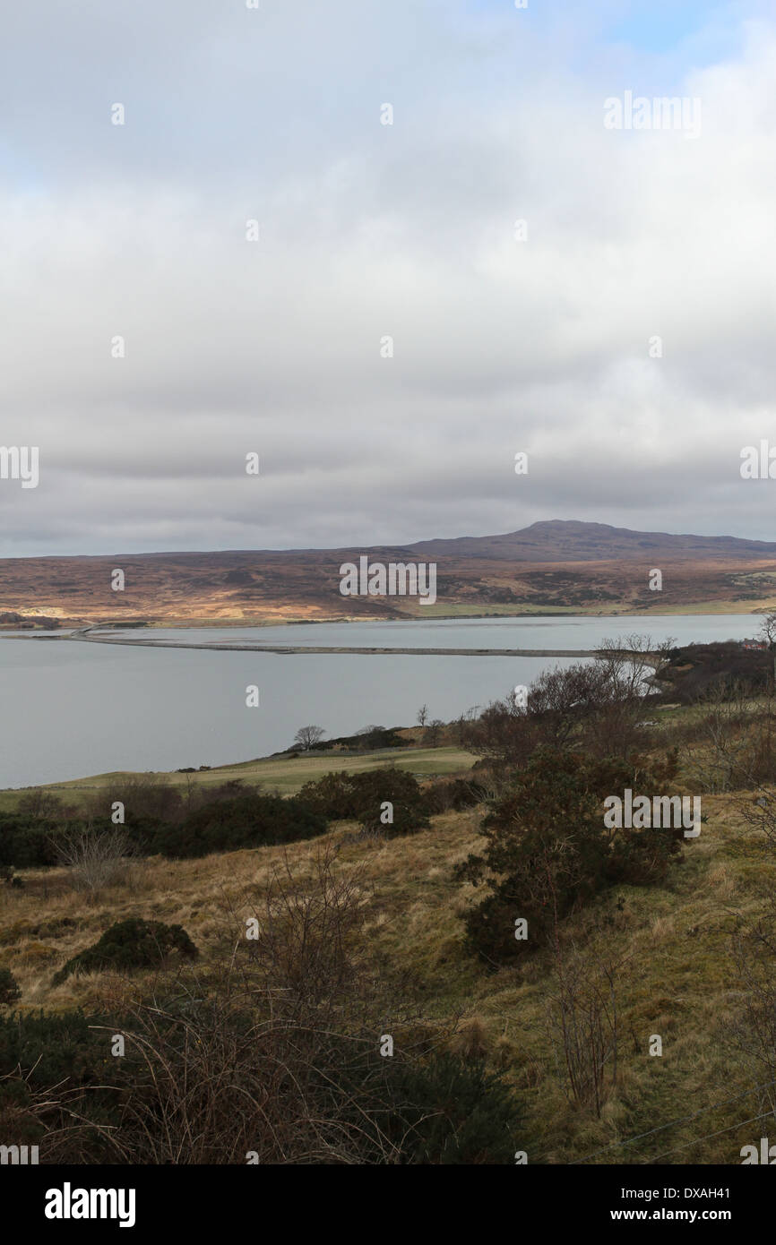 Elevated view of Kyle of Tongue causeway Sutherland Scotland March 2014