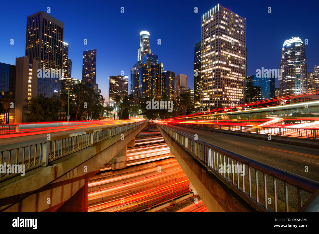 Downtown skylines lit up at night, Los Angeles, California, USA Stock Photo