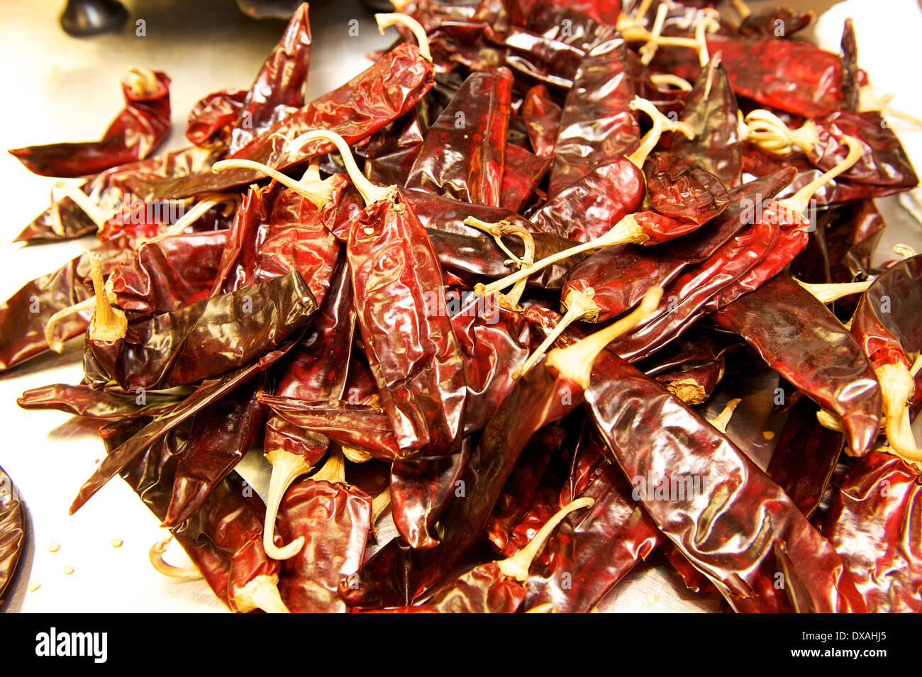 Guajillo Peppers in a Mexican Restaurant. Hot peppers, Mexican food. Stock Photo