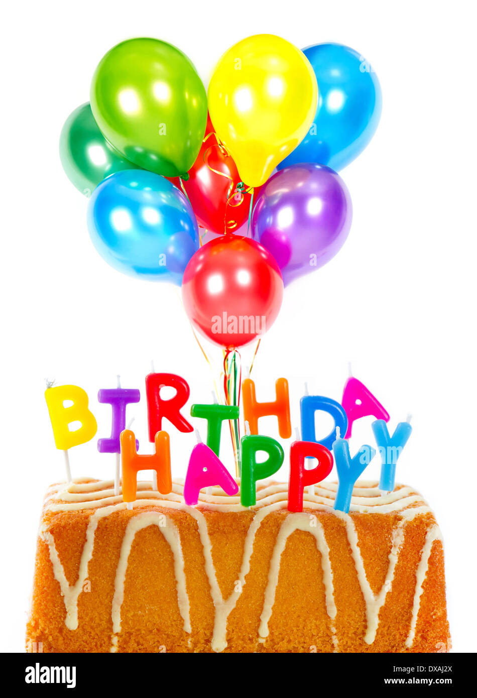 happy birthday. birthday cake with candles and colorful balloons Stock Photo