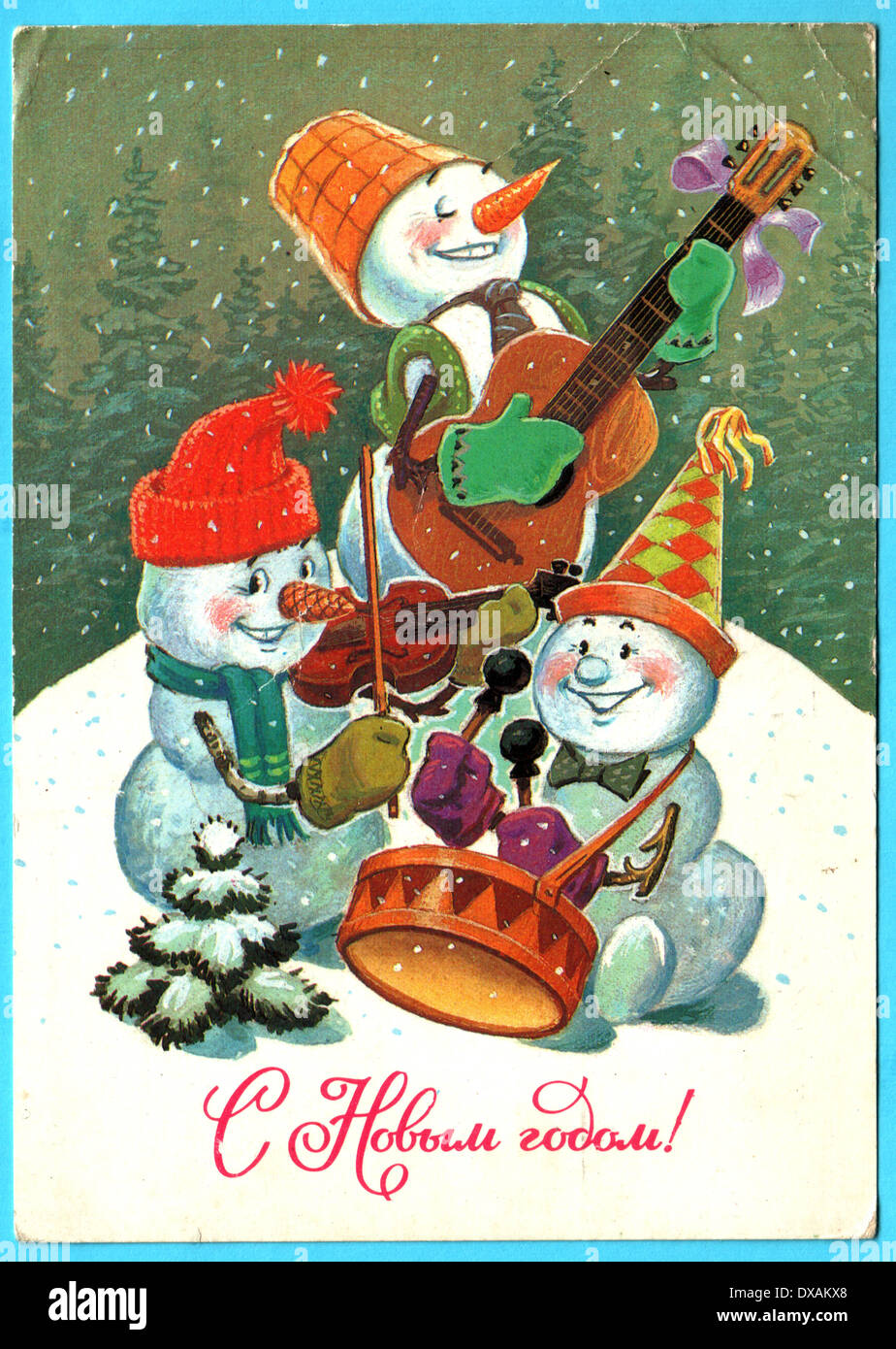 Snowmen Playing Instruments USSR - CIRCA 1985: Postcard printed in the USSR shows draw by Zarybin ...