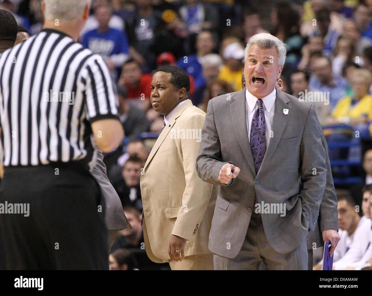 St.Louis, MO, USA. 21st Mar, 2014. Kansas State Wildcats head coach Bruce Weber questions an officials call as Kentucky defeated Kansas State 56-49 in the NCAA tournament on Friday March 21, 2014 in St. Louis, MO. Photo by Mark Cornelison | Staff © Lexington Herald-Leader/ZUMAPRESS.com/Alamy Live News Stock Photo