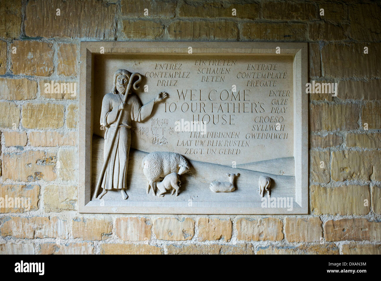 Church Stone Carving, Welcome to our fathers house, Stow on the Wold,  Gloucestershire, Cotswolds, England Stock Photo