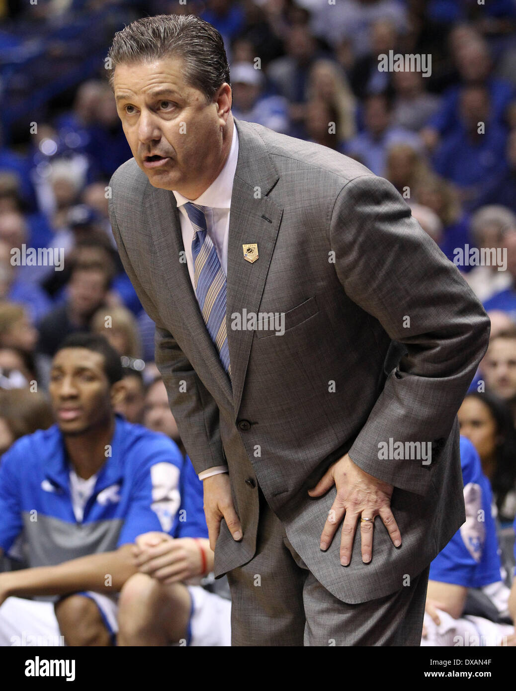 St.Louis, MO, USA. 21st Mar, 2014. Kentucky Wildcats head coach John Calipari quietly called a play on an inbounds pass as Kentucky defeated Kansas State 56-49 in the NCAA tournament on Friday March 21, 2014 in St. Louis, MO. Photo by Mark Cornelison | Staff © Lexington Herald-Leader/ZUMAPRESS.com/Alamy Live News Stock Photo
