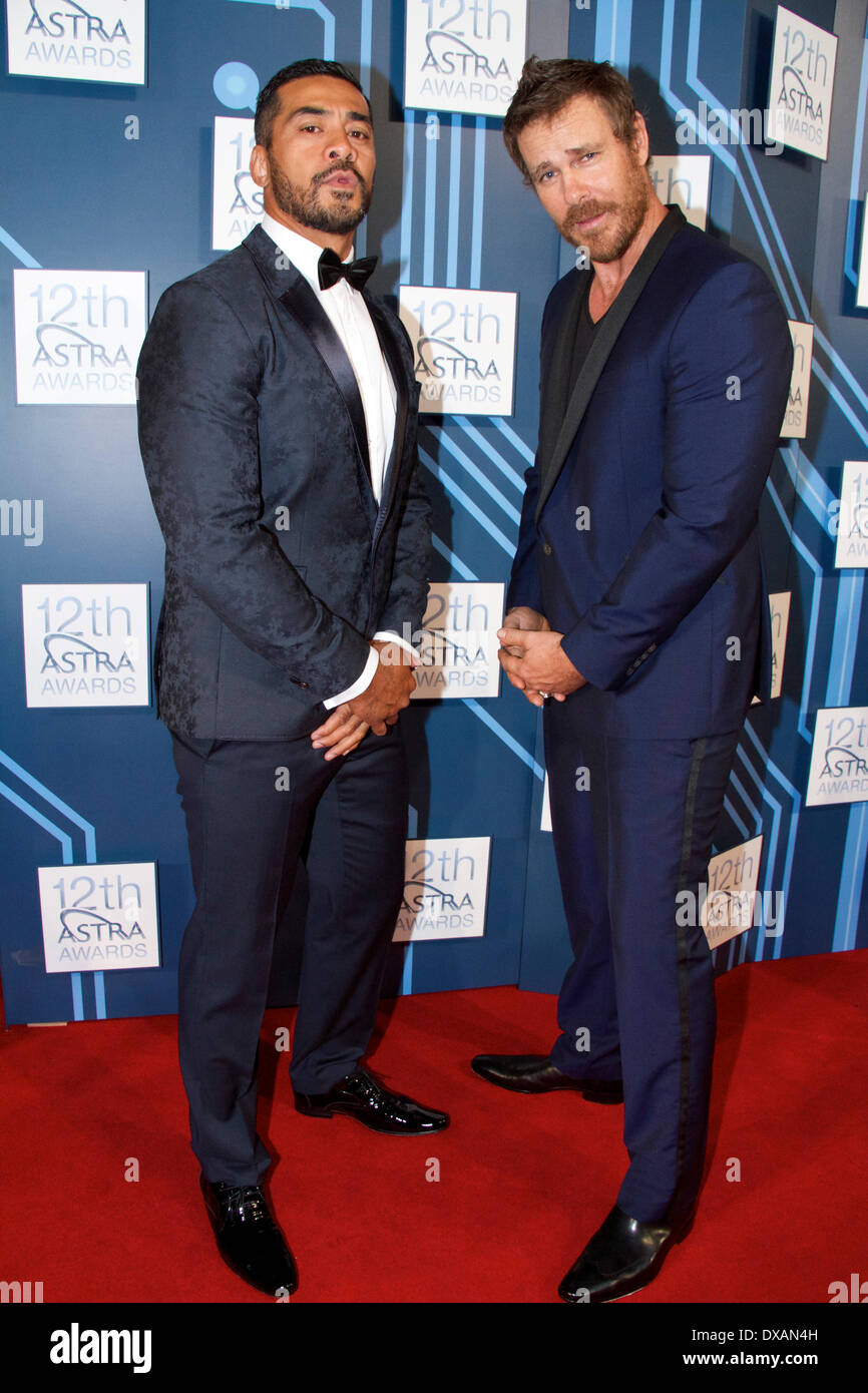 Carriageworks, Eveleigh, Sydney, NSW, Australia. 20 March 2014. Robbie Magisiva and Aaron Jeffery (Wentworth) arrive on the red carpet at Carriageworks for the 12th ASTRA (Australian Subscription Television and Radio Association) Awards. Copyright Credit:  2014 Richard Milnes/Alamy Live News Stock Photo