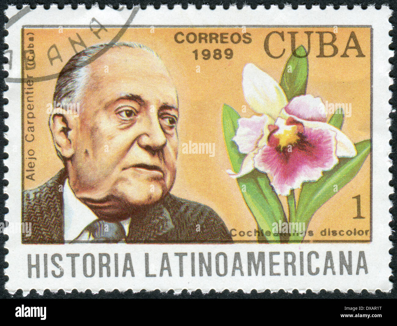 Postage stamp printed in Cuba, shows Cuban writer Alejo Carpentier and orchid Cochleanthes discolor Stock Photo