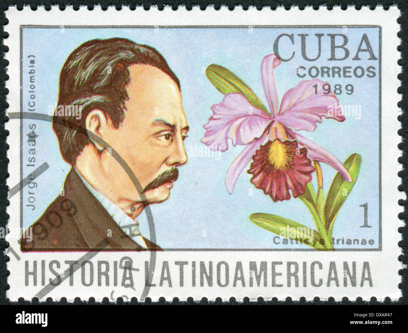 Postage stamp printed in Cuba, shows the Colombian writer Jorge Isaacs Ferrer and orchid Cattleya trianae Stock Photo