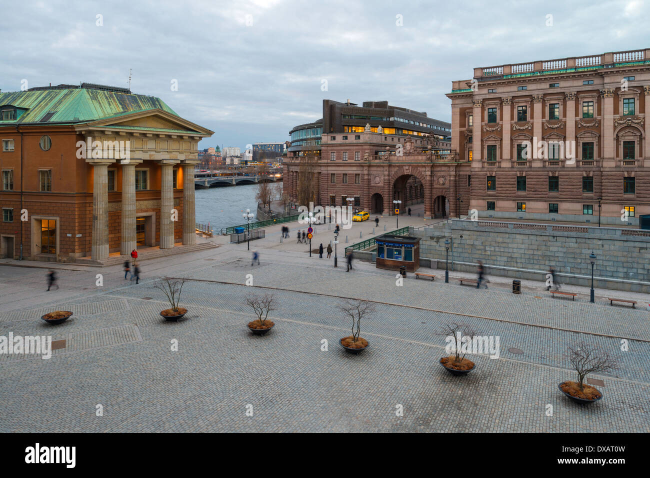 Tage Erlanders Plats and the Stallbron bridge seen from the terrace by the outer courtyard of the Royal Palace, Stockholm Sweden Stock Photo