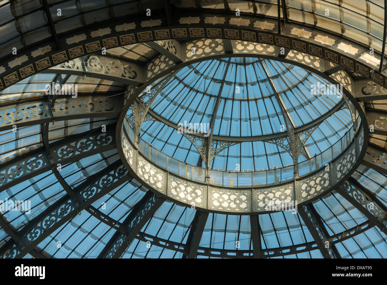 detail of dome of iron and glass roof at famous arcade in city center, shot in bright light Stock Photo