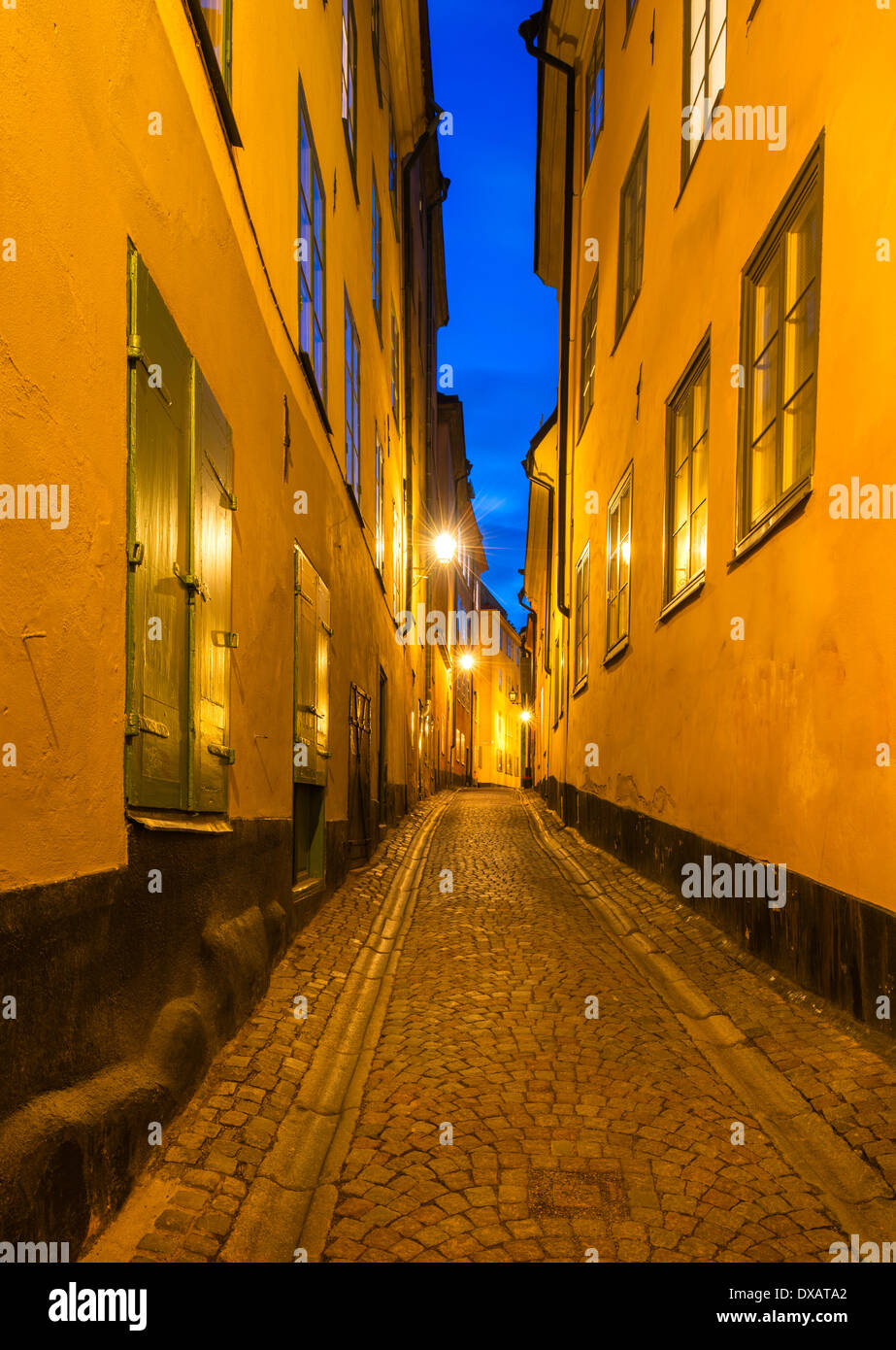 Baggensgatan, a narrow cobbled street in Gamla Stan, The old town, of Stockholm, Sweden. Stock Photo