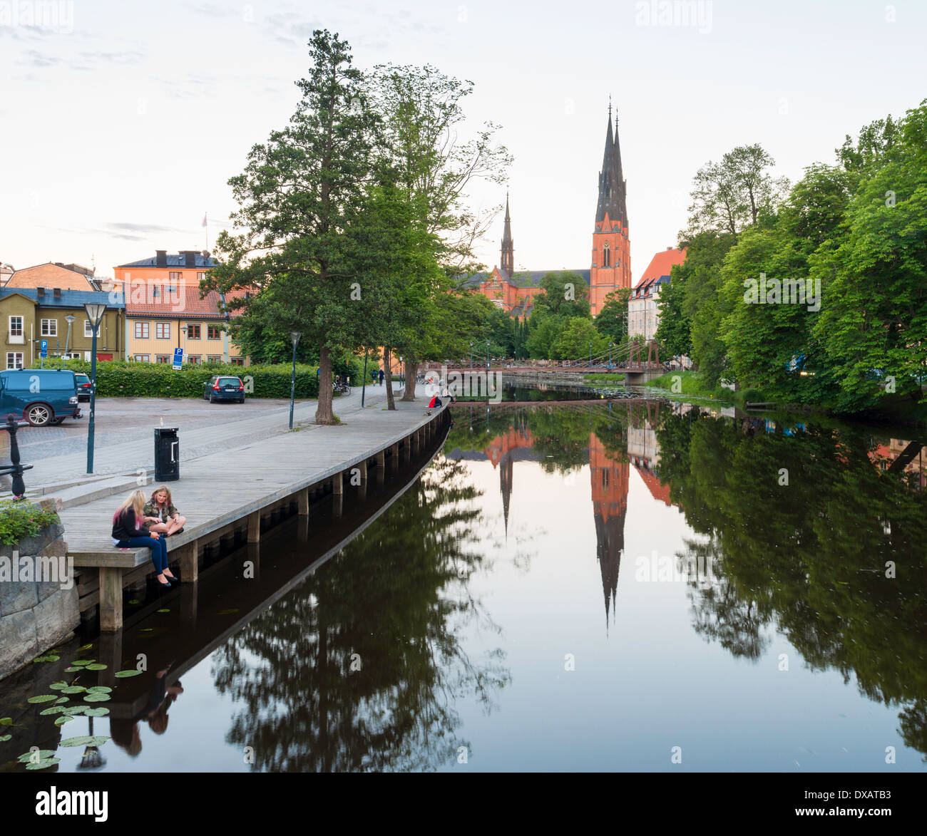 Evening view of River Fyris and Uppsala Cathedral ('Uppsala domkyrka'), Uppsala, Sweden Stock Photo