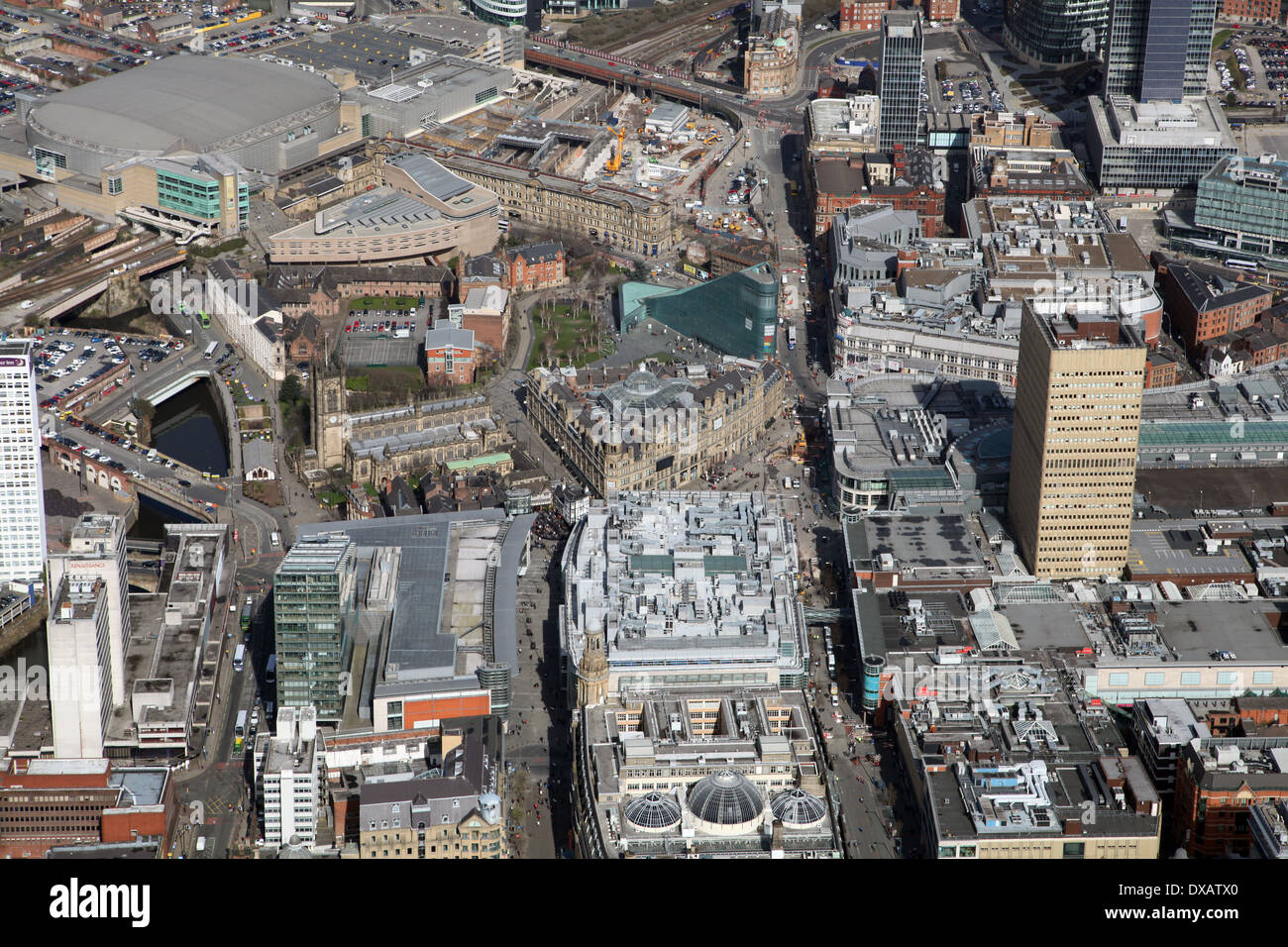 an aerial view of Manchester city centre & Cathedral; Left to Right: looking up Deansgate, Exchange St & Corporation St Stock Photo