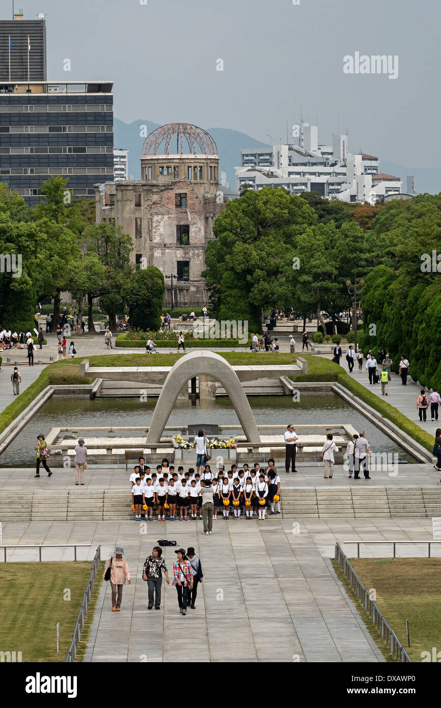 A-Bomb Dome (Hiroshima Peace Memorial), Cenotaph for the A-Bomb Victims in Peace Memorial Park, Hiroshima, Japan Stock Photo