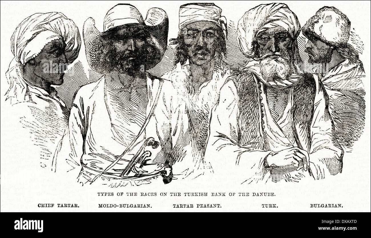 19th century men from the Turkish bank of the River Danube. Victorian engraving circa 1854 Stock Photo