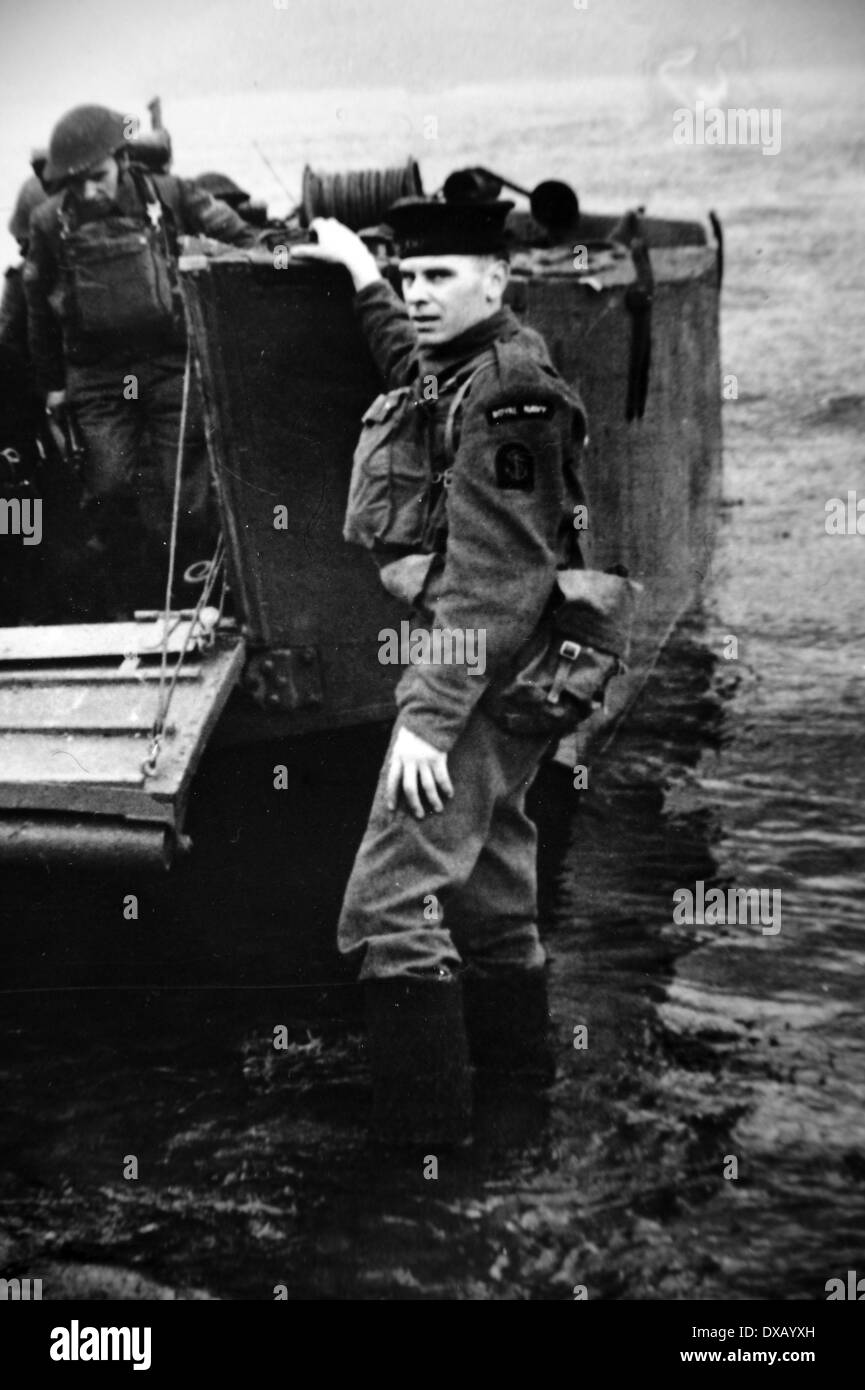 Royal Navy world war two. A royal navy commando alongside a landing craft training for d-day Stock Photo