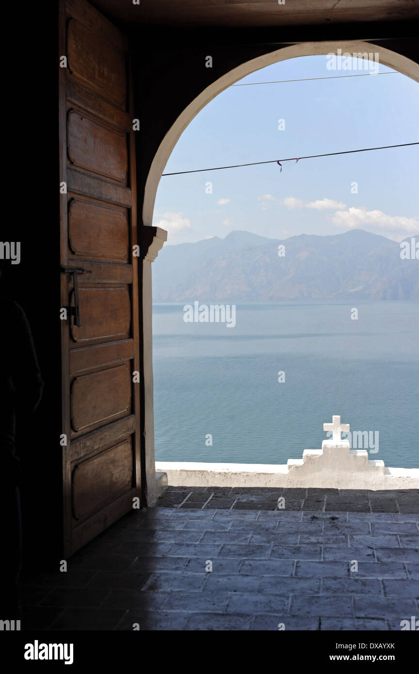 A View of Lake Atitlan from church in San Antonio Palopo, Solola, Guatemala. Stock Photo