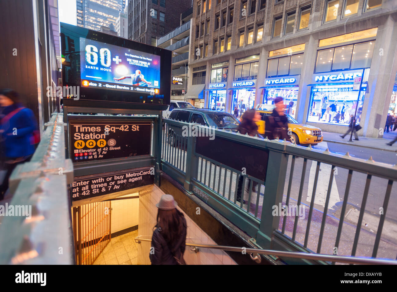 An electronic billboard on a subway entrance in Times Square in New York, owned by CBS Outdoor America Stock Photo