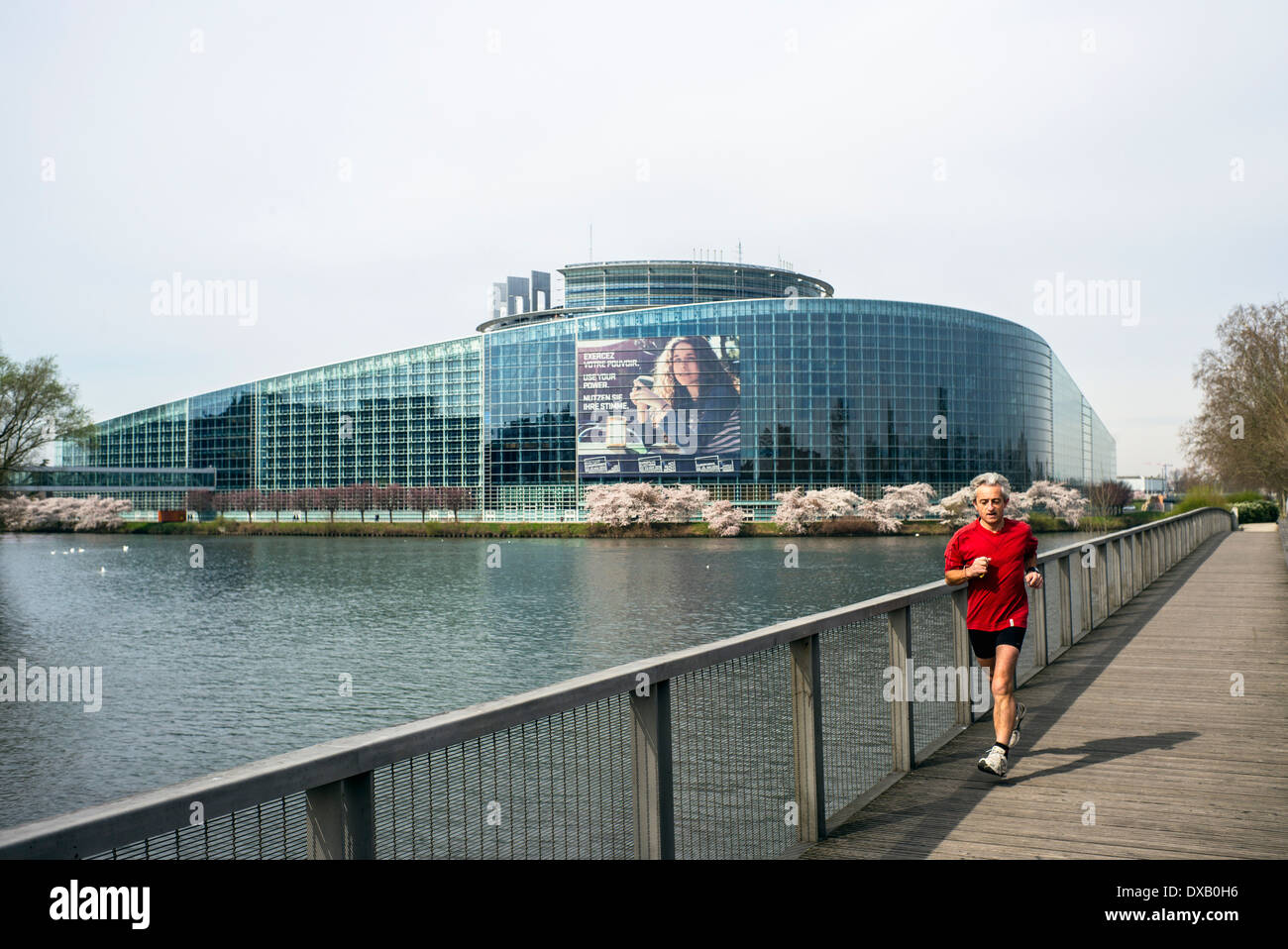 Man jogging, Louise Weiss building with 2014 European elections poster, European Parliament, cherry blossoms, Strasbourg, France Europe Stock Photo