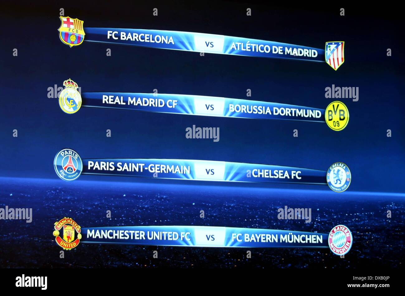 Nyon, Switzerland. 21st Mar, 2014. Champions League quarterfinal draw. The  final drawing is shown on the display board Credit: Action Plus  Sports/Alamy Live News Stock Photo - Alamy