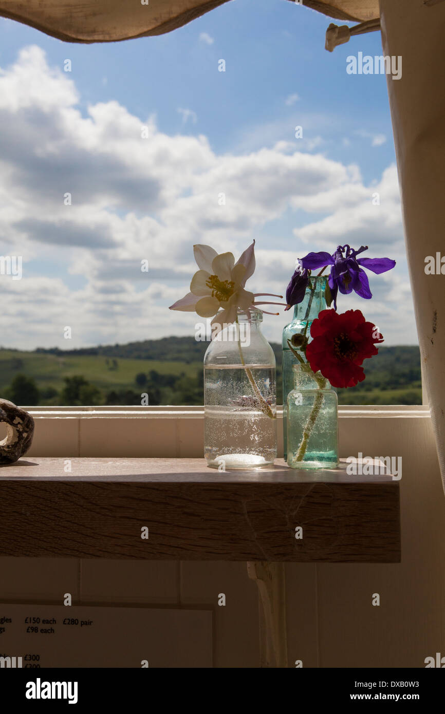 Flowers in glass gars on window sill Stock Photo - Alamy