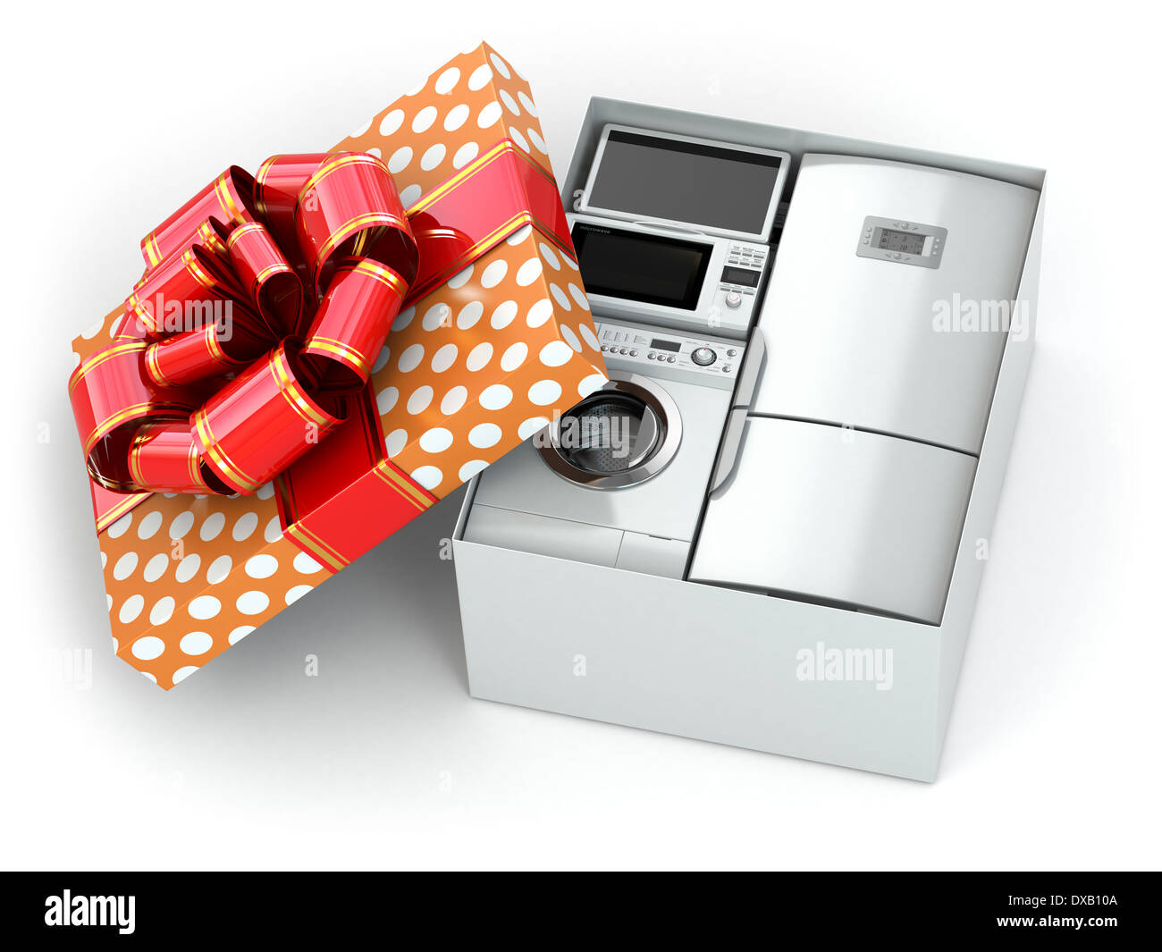 Home appliance in gift box with ribbons and bow 3d Stock Photo Alamy