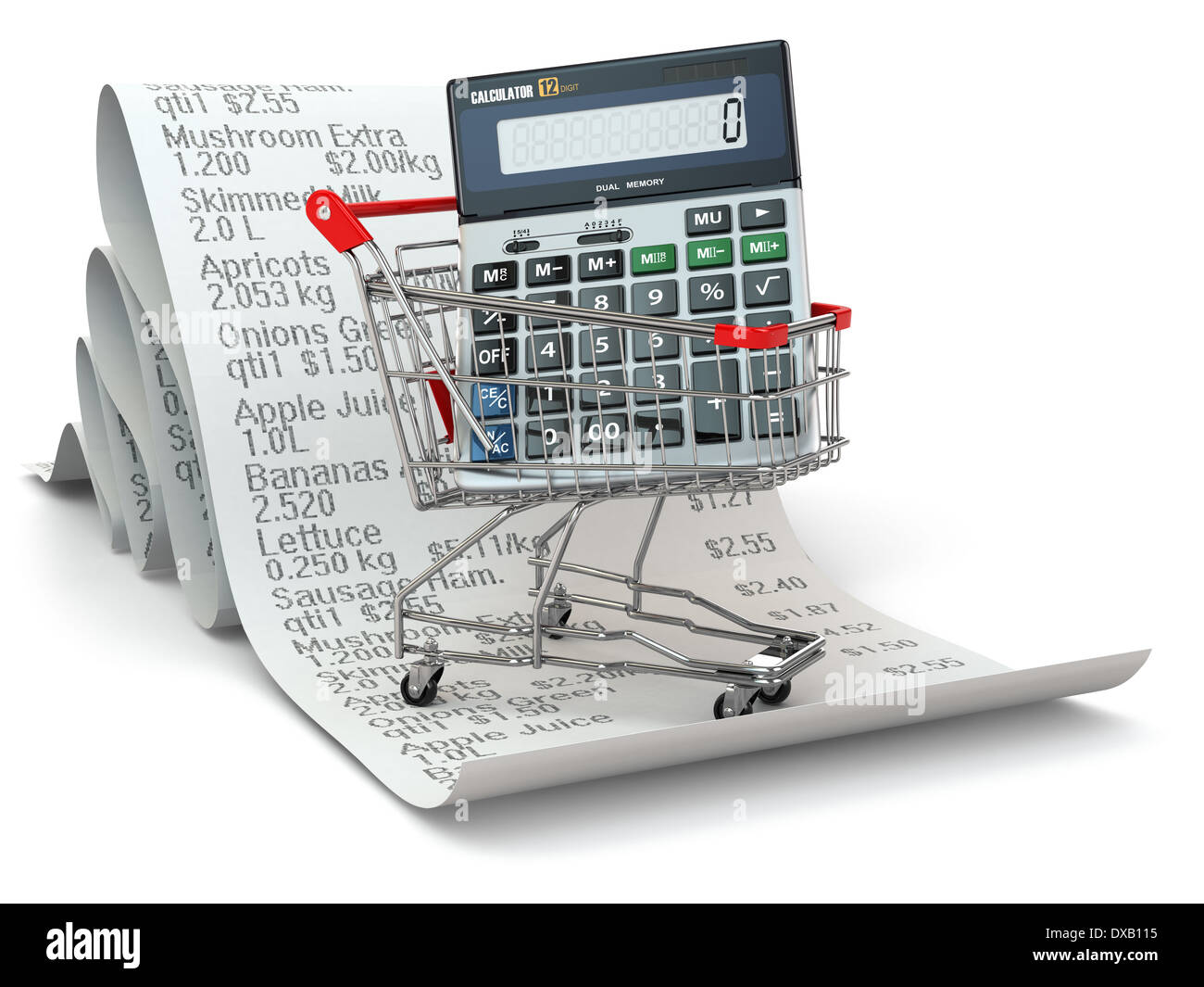 Shopping cart with calculator on reciept. 3d Stock Photo Alamy