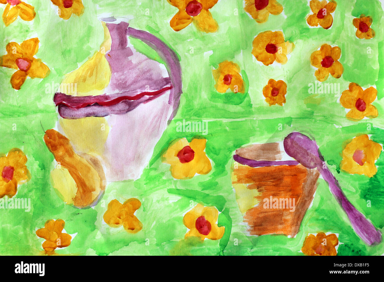 Children's drawing with brown old pitcher on the colorful background Stock Photo