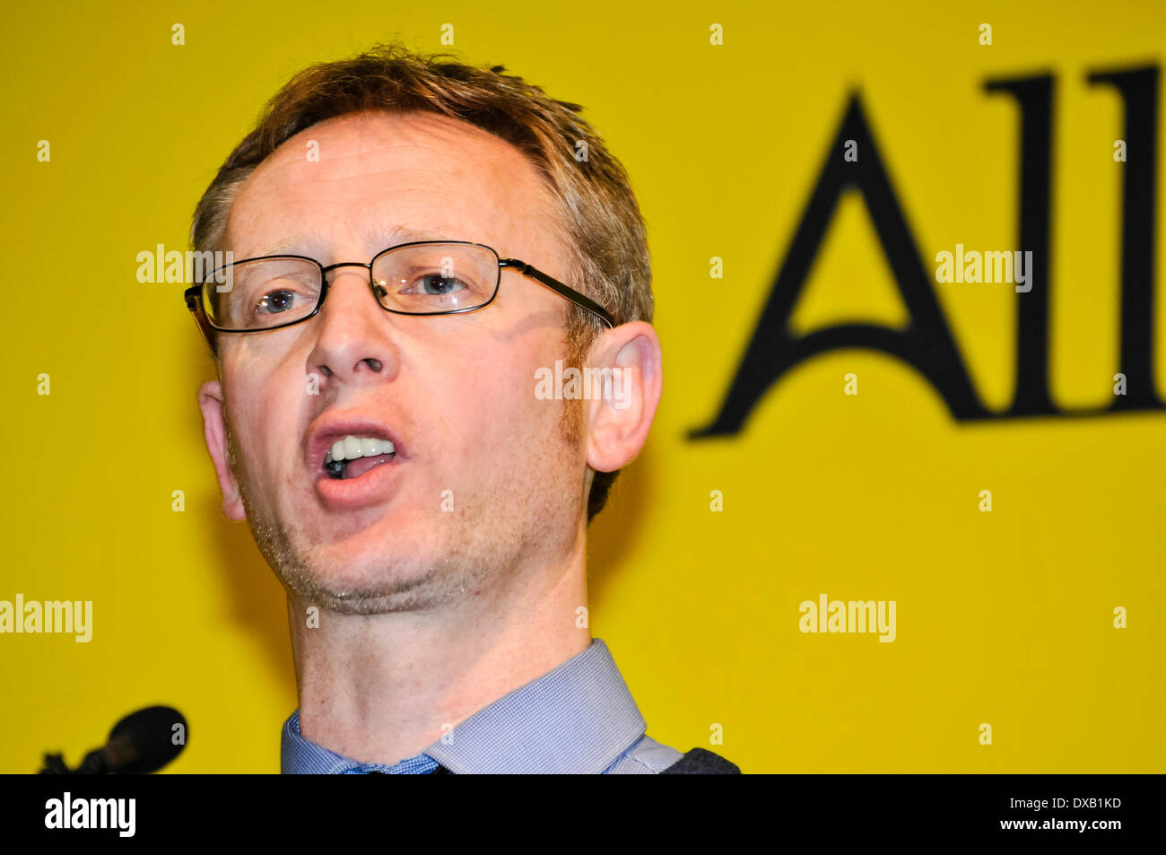 Belfast, Northern Ireland. 22 Mar 2014 - Victims campaigner and Shankill Road bomb widower, Alan McBride, speaks at the Alliance Party conference Credit:  Stephen Barnes/Alamy Live News Stock Photo