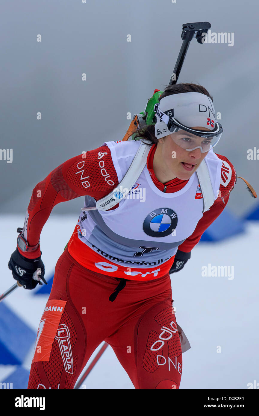 Oslo, Norway. 22nd March 2014. The E.ON IBU World Cup Biathlon 2014 Ann Kristin Aafedt of Norway in action during the ladies 10 kilometre pursuit at The EON IBU World Cup Biathlon Final from Holmenkollen in Oslo, Norway. Credit:  Action Plus Sports Images/Alamy Live News Stock Photo