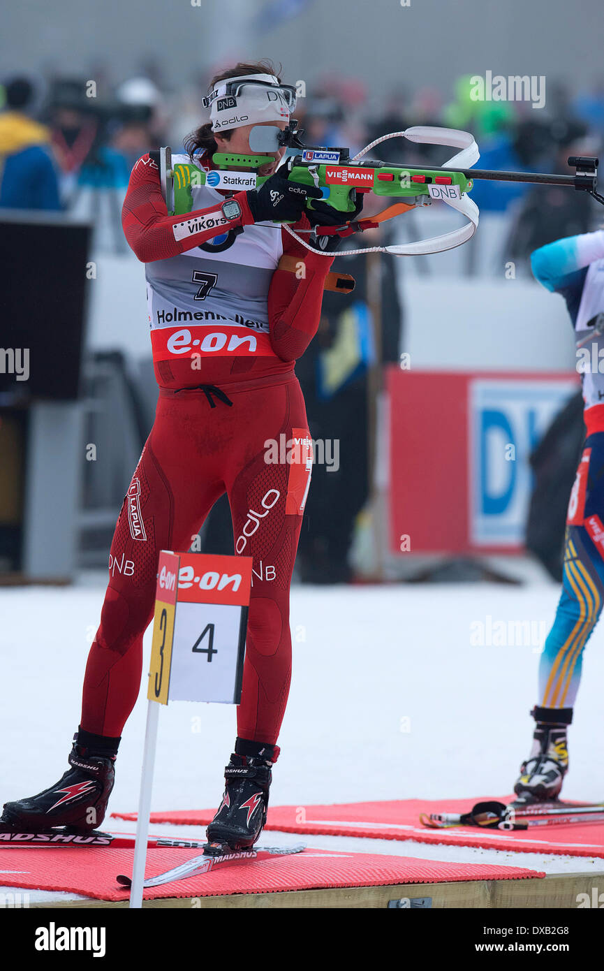Oslo, Norway. 22nd March 2014. The E.ON IBU World Cup Biathlon 2014 Ann Kristin Aafedt of Norway in action during the ladies 10 kilometre pursuit at The EON IBU World Cup Biathlon Final from Holmenkollen in Oslo, Norway. Credit:  Action Plus Sports Images/Alamy Live News Stock Photo