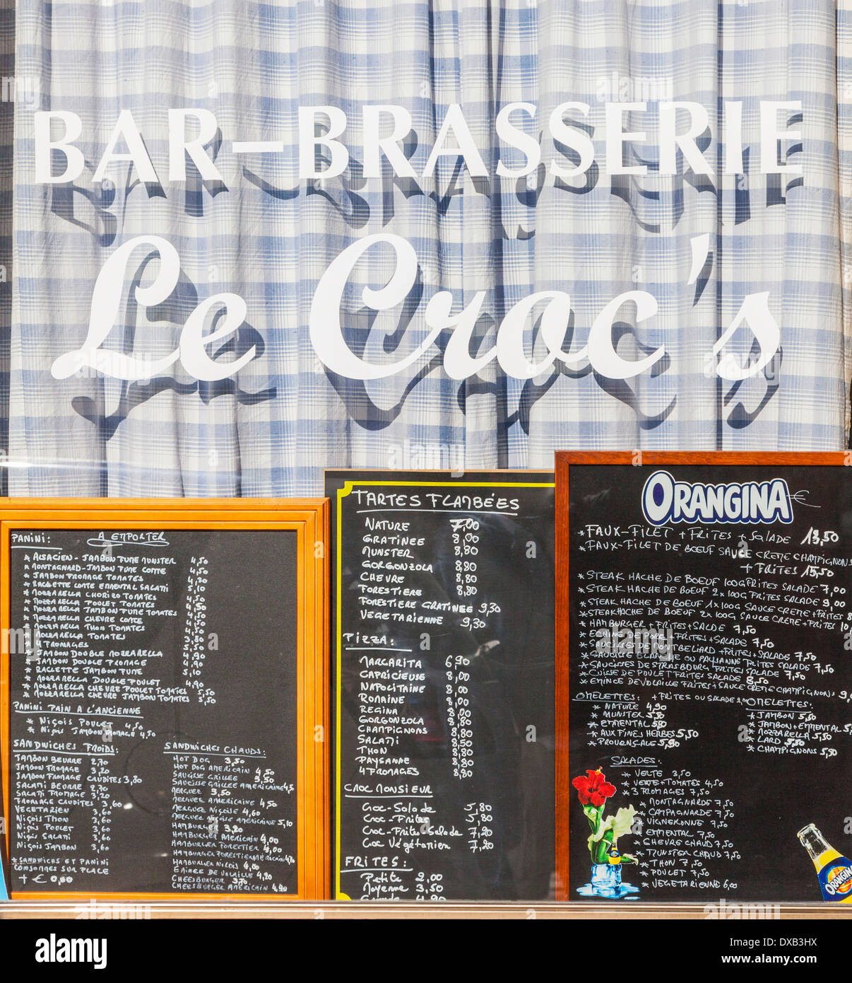 Bar brasserie menu and window in the old town of Colmar, Alsace, France