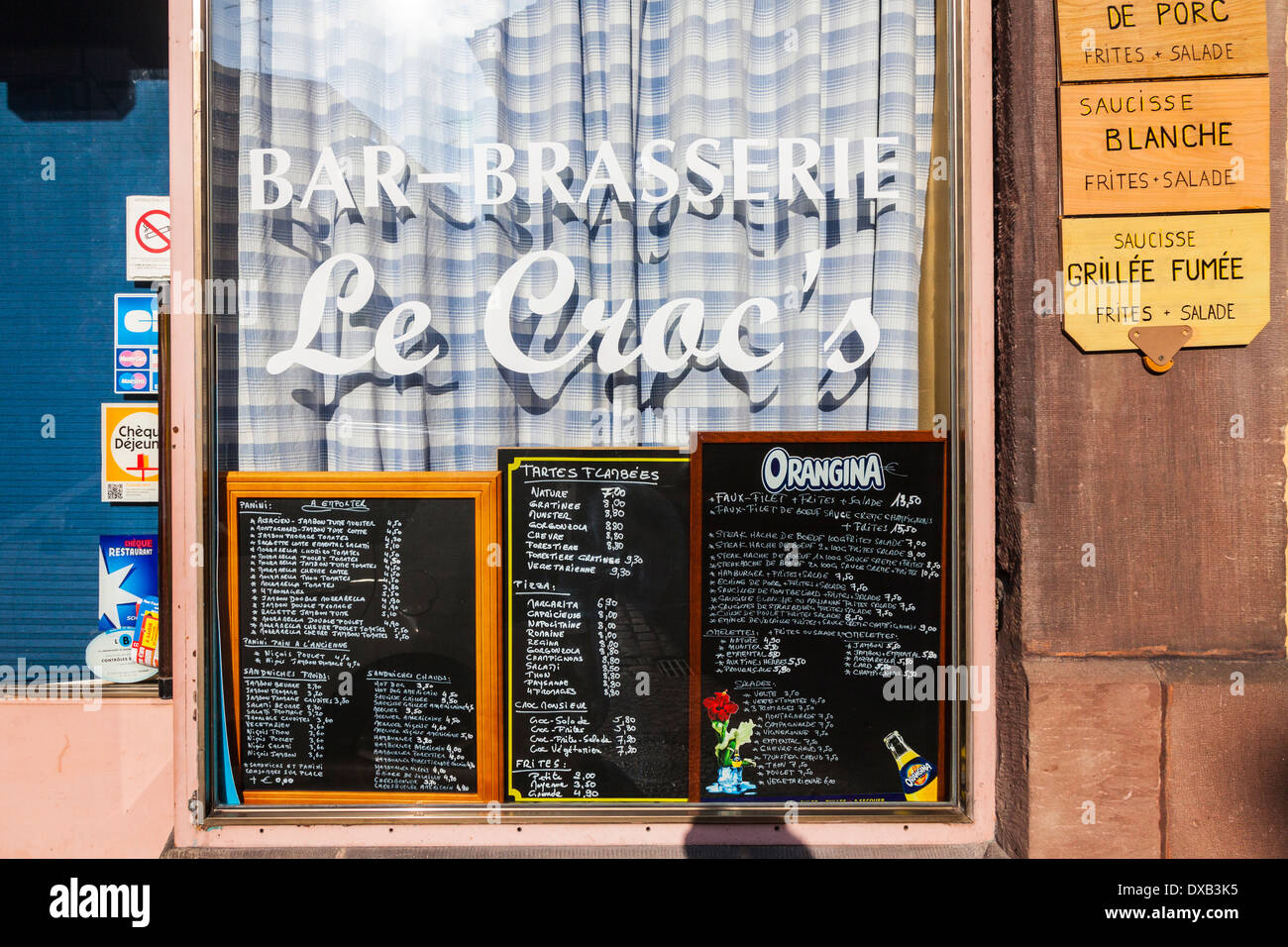 Bar brasserie menu and window in the old town of Colmar, Alsace, France