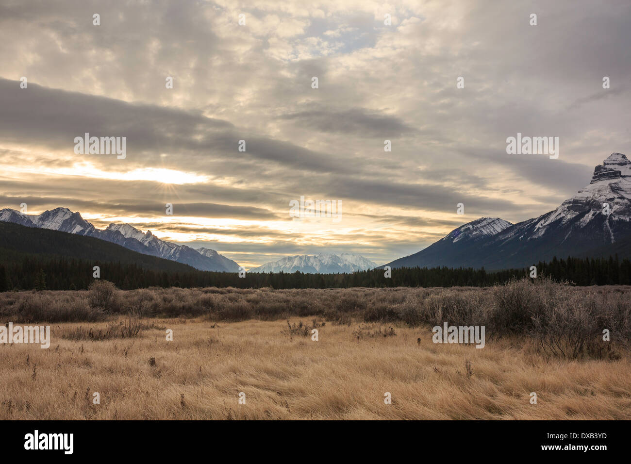A mountainous landscape at sunrise in Banff, Alberta Canada Stock Photo