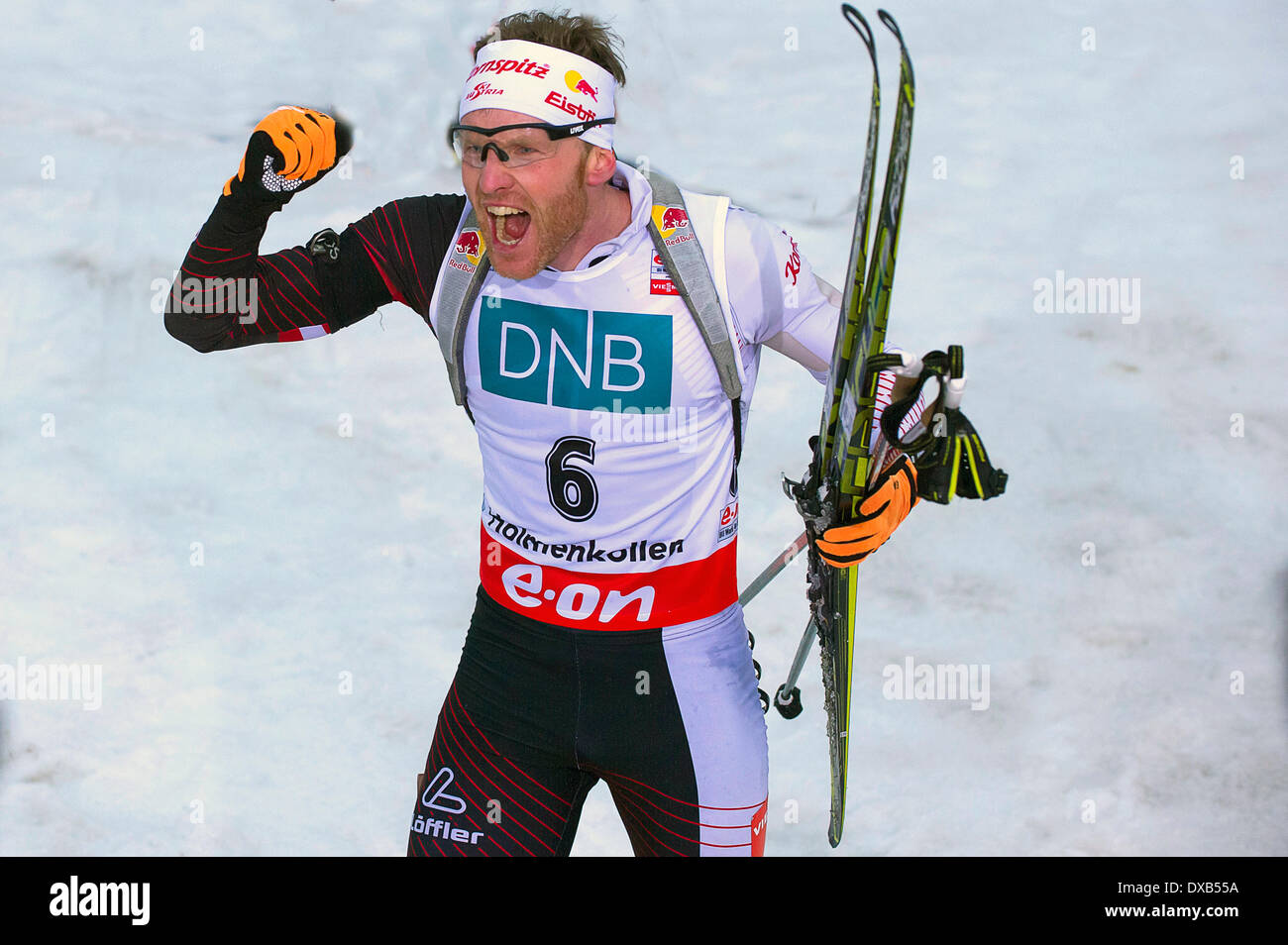 Oslo, Norway. 22nd March 2014.  E.ON World Cup Biathlon 2014Simon Eder of Austria wins the men's 12.5 kilometre pursuit during the World Cup Biathlon at Holmenkollen in Oslo, Norway. Credit:  Action Plus Sports Images/Alamy Live News Stock Photo