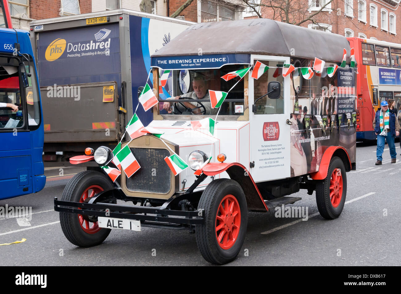 Vintage delivery van from the National Brewery Centre at the St. Patrick's Day parade, Nottingham, England, UK Stock Photo